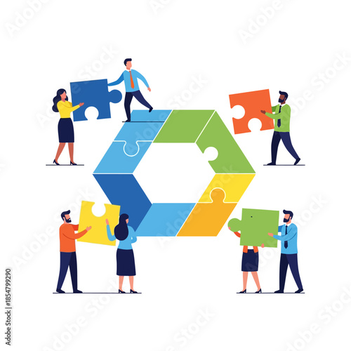 Pure flat 2D vector illustration: Diverse business characters collaborate, assembling geometric puzzle pieces to construct an abstract corporate logo, symbolizing strategic teamwork and solution integ