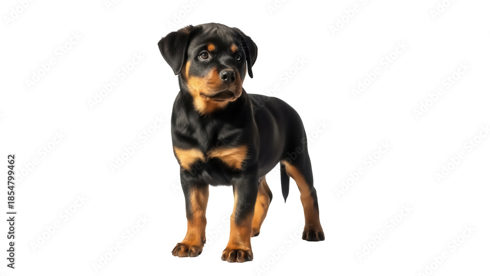 Fototapeta premium Adorable Rottweiler puppy PNG isolated on transparent background, cute black and tan dog breed for pet lovers and design projects