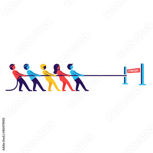 Minimalist 2D vector illustration featuring a team of five simplified abstract characters pulling a thick rope in unison toward a finish line, symbolizing synchronized effort and corporate unity.