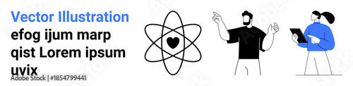 Science, education, research, teamwork, innovation, technology advancement. Atomic heart symbol with two people interacting. Science and education concept with teamwork and innovation focus