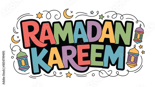 Ramadan Kareem: A vibrant illustration showcasing the spirit of Ramadan, with colorful text, crescent moons, stars, and traditional lanterns. Celebrates the holy month of fasting, reflection.