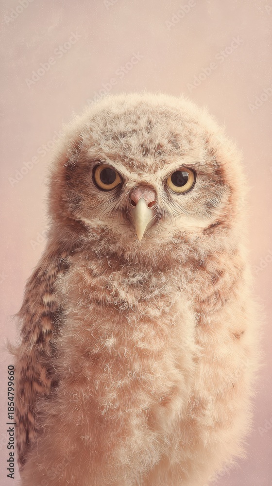 Obraz premium cute fluffy owl chick with curious look, pastel background, soft diffused lighting, vertical portrait