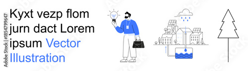 Sustainability, innovation, renewable energy, urban planning, ecological impact, future development. Man holding a light bulb, eco-friendly urban area water system tree. Sustainability