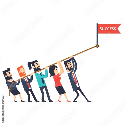 Five business characters demonstrate synergy by pulling a rope together toward a success flag in a pure flat 2D vector illustration style.