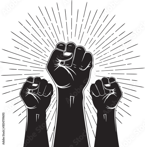 Raised Fists Symbolizing Unity Power Protest Strength for Social Justice and Activism