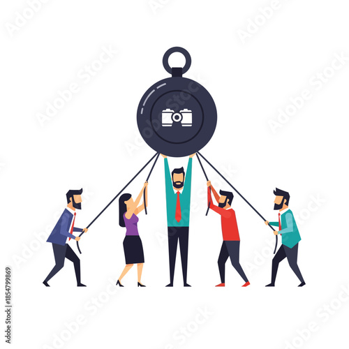 Collective effort 2D flat vector illustration of minimalist geometric business characters using levers and ropes to raise a heavy circular weight, symbolizing teamwork and overcoming challenges.