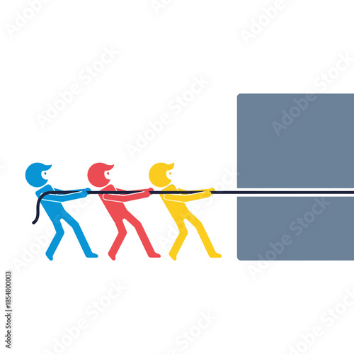 A unified team of three minimalist business people pulling a massive heavy object together with a rope, demonstrating shared effort and collective strength in a pure flat 2D vector illustration.