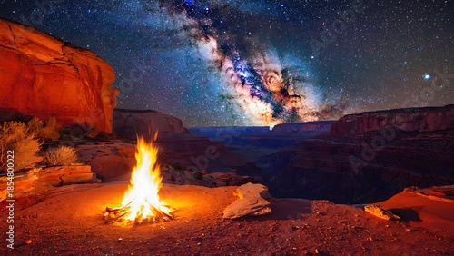 Glowing campfire burning in rocky desert canyon at night time