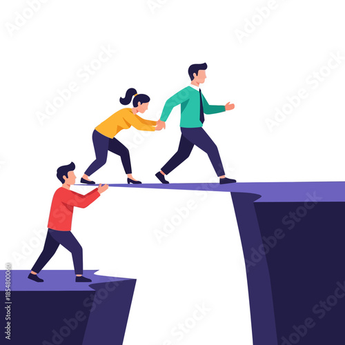 A seasonal 2D flat vector illustration shows two professional people forming a solid support structure, enabling a trusting colleague to confidently step across a wide, challenging gap.