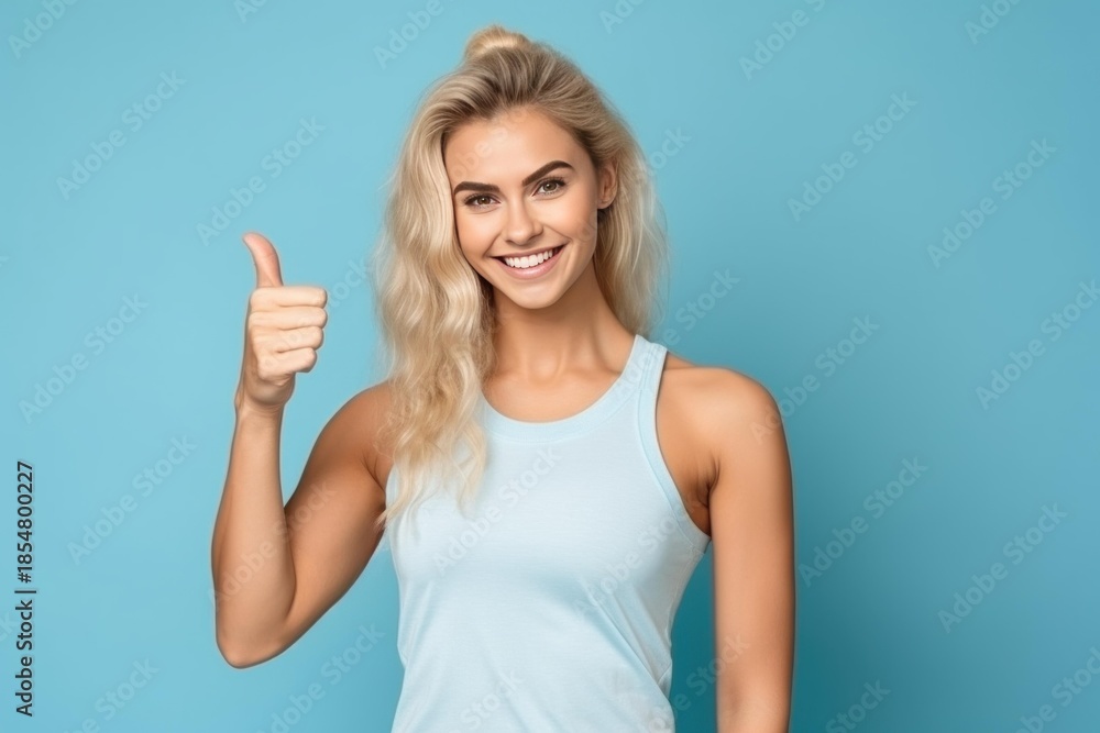 Fototapeta premium Happy blonde woman showing a thumbs up, expressing approval and success