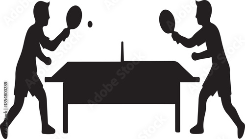 Two black silhouette figures playing ping pong on a white background Keywords: ping pong, table tennis