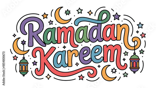 Ramadan Kareem: A vibrant illustration showcasing the spirit of Ramadan, with colorful lettering, crescent moons, stars, and traditional lanterns. Capturing the essence of a blessed month.