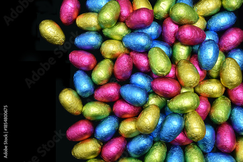 Pile or group of multi colored and different sizes of colourful foil wrapped chocolate easter eggs in pink, blue, yellow and lime green against a black background with copy space.