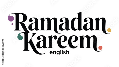 Ramadan Kareem English: A festive calligraphy of Ramadan Kareem in a stylized, artistic font with colorful accents, signifying a message of peace and blessings.