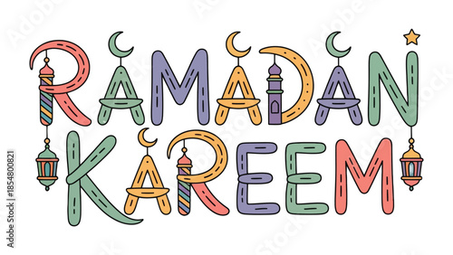 Ramadan Kareem Illustration: A vibrant and colorful illustration that spells out Ramadan Kareem, representing the festive spirit. The design incorporates crescent moons, lanterns.