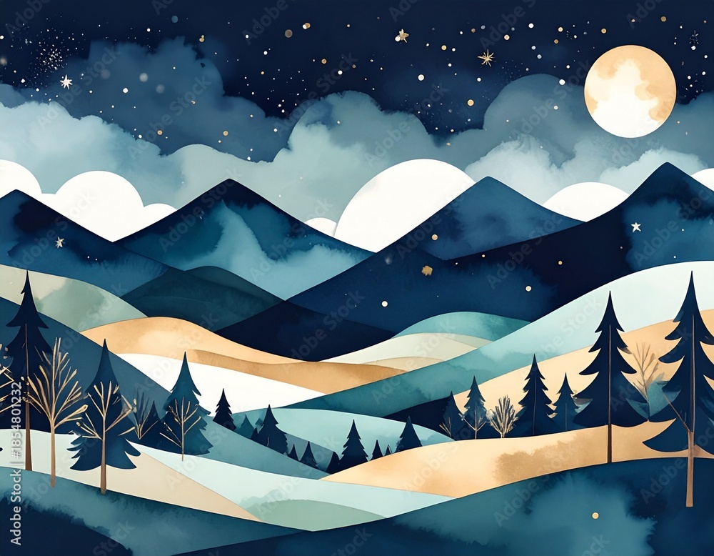 Fototapeta premium Enchanting starry night over rolling hills and pine trees with a full moon in the sky, artistic landscape illustration