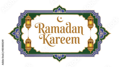 Ramadan Kareem Greetings: A beautifully adorned frame celebrates the spirit of Ramadan, decorated with ornate patterns and traditional lanterns, symbolizing blessings and goodwill.