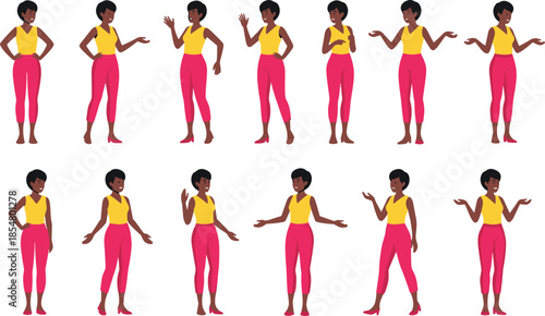 Black female character poses, cartoon woman gestures, vector illustration set, diverse body language, flat design, white background, isolated, modern, animation