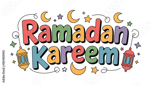 Ramadan Kareem Illustration: Festive and colorful illustration to mark the holy month of Ramadan, with calligraphy of Ramadan Kareem surrounded by traditional elements.