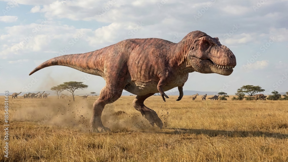 Fototapeta premium Tyrannosaurus rex, a powerful and ancient carnivore, running through a prehistoric savanna landscape with dust kicking up, chasing a herd of long-necked herbivores