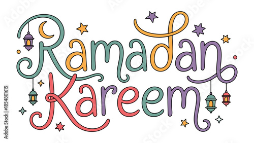 Ramadan Kareem Illustration: Festive and colorful Ramadan Kareem message, with elegant lettering and decorative elements such as lanterns and stars. Capturing the spirit of this special time