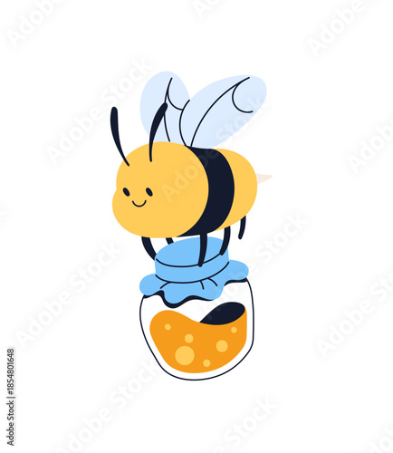 Cute character of honeybee carries glass jar of homemade honey. Funny bee flies, holds bottle of apiculture crop. Concept of beekeeping, apiary. Flat isolated vector illustration on white background