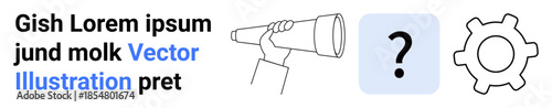 Exploration, decision-making, problem-solving, creativity, innovation, brainstorming. Hand holding telescope, question mark in square gear icon. Exploration and decision-making visualization