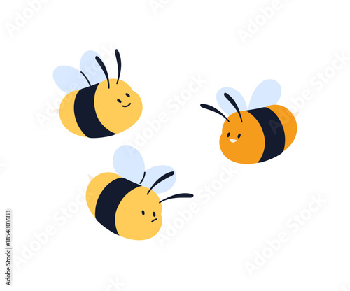 Cute group of flying bees. Happy striped honeybees fly together. Funny bumblebees gathering honey on apiary. Concept of beekeeping, apiculture. Flat isolated vector illustration on white background