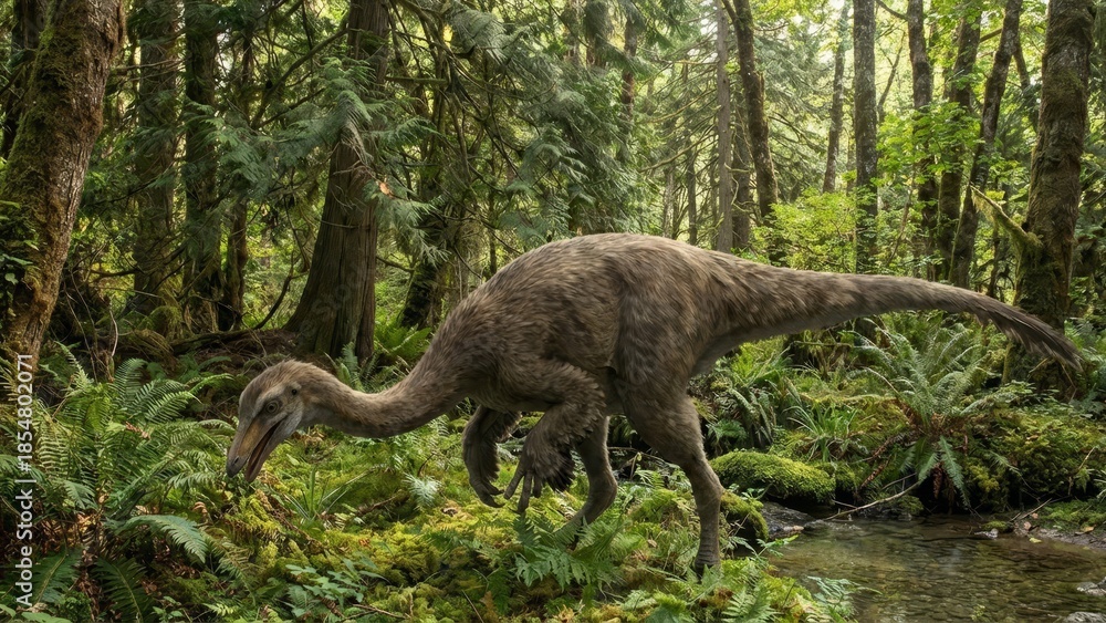 Obraz premium Gallimimus dinosaur walking near a stream in a dense, lush prehistoric forest, illustrating ancient wildlife and extinct species in a natural, historical environment