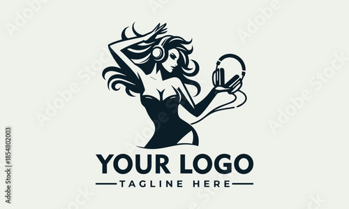A stylized vector logo featuring a woman with long hair holding a music note, with a placeholder for a company logo and tagline in a modern design.