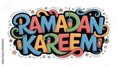 Ramadan Kareem: A vibrant and colorful illustration of the greeting Ramadan Kareem, filled with intricate details, showcasing the spirit of the holy month.