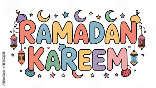 Ramadan Kareem Illustration: Festive and colorful Ramadan Kareem message, decorated with lanterns, crescent moons, and stars. Perfect for greetings and celebrations.