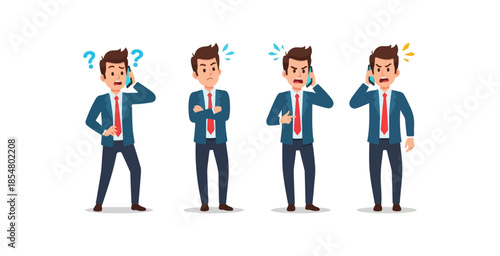Business Professional Expressing Emotions While Talking on Phone Diverse Moods and Reactions Shown in Flat Design Illustration
