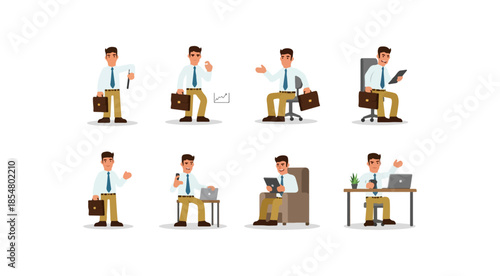 Businessman character set, various poses and actions, professional office worker, daily routine tasks, business concept