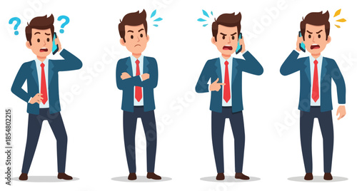 Confused Businessman on Phone with Question Marks, Angry Man with Arms Crossed, and Frustrated Executive Arguing on Smartphone
