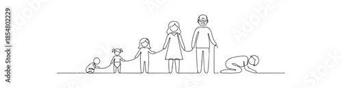 Continuous line drawing depicting various stages of human life from childhood to old age, family