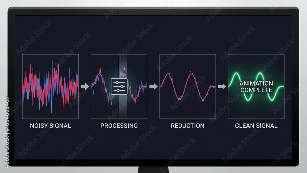 Obraz premium Digital display showing a noisy, complex waveform being filtered into a clean, simple signal, illustrating noise reduction, data purification, and signal processing techniques for clarity