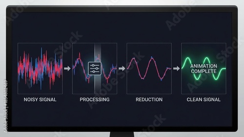 Digital display showing a noisy, complex waveform being filtered into a clean, simple signal, illustrating noise reduction, data purification, and signal processing techniques for clarity