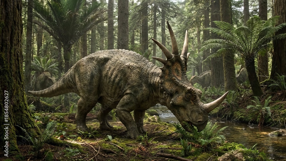 Obraz premium Styracosaurus dinosaur standing by a clear stream in a lush prehistoric forest, illustrating ancient wildlife and the primeval wilderness of the mesozoic era