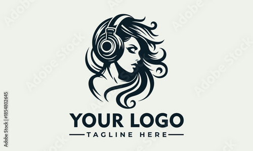 Vector logo design featuring a woman wearing headphones with flowing hair and a placeholder text for a company logo and tagline on a light gray background.