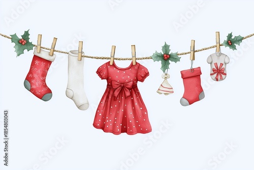 Watercolor Christmas Baby Clothes Garland with Red Dress and Stockings (JPG 300DPI 10800×7200)