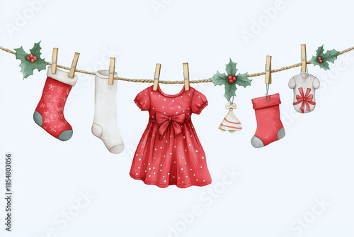 Watercolor Christmas Baby Clothes Garland with Red Dress and Stockings (PNG 8640×5760)