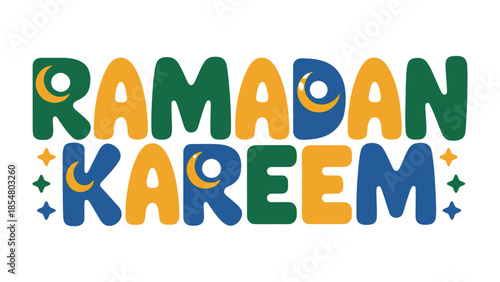 Ramadan Kareem Illustration: Colorful and festive illustration conveys the spirit of the holy month, featuring stylized lettering and crescent moons, representing faith, spirituality, and reflection.