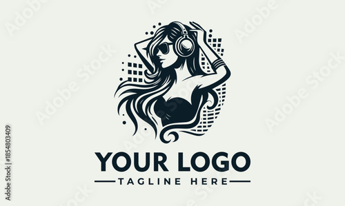 Vector logo design featuring a woman with headphones and long hair, with a placeholder for your logo and tagline on a clean background.