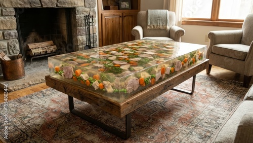Wallpaper Mural Unique homemade coffee table featuring a clear resin top encasing various cooked foods like meat, carrots, and peas, sitting on a rustic wooden base in a cozy living room with a fireplace Torontodigital.ca