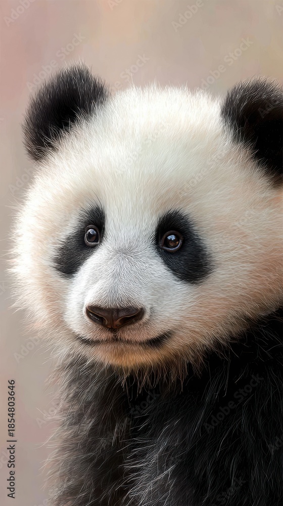 Obraz premium cute fluffy panda cub with gentle emotion, pastel background, soft lighting