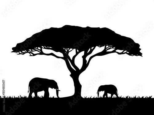 Minimalist nature illustration, African savanna with elephant silhouettes under a large tree, simplified shapes, flat perspective, no texture, graphic poster-style design.