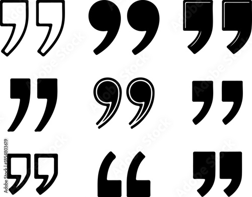 Quotation mark art vectors and Set of black modern quote icon silhouette collections