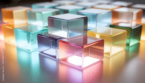 Colorful transparent blocks on reflective surface.