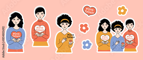 International Women's Day 2026 #GiveToGain. Woman holding her hands outstretched, heart, and flowers. March 8. Sticker set. Vector illustration.